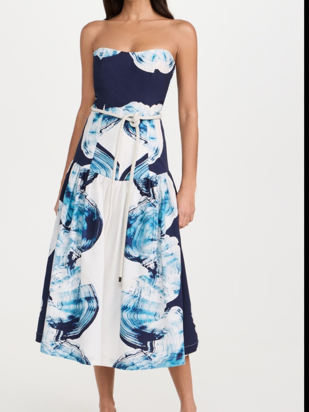 Silvia Tcherassi Strapless Navy and White Abstract Print Midi Dress